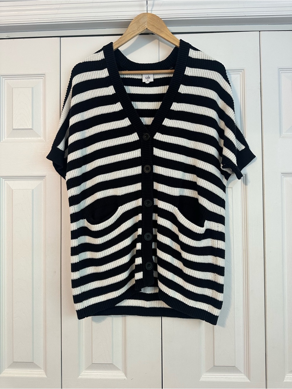 100% Cotton CAbi Navy and White Strip ed Knit Button-Front Cardigan